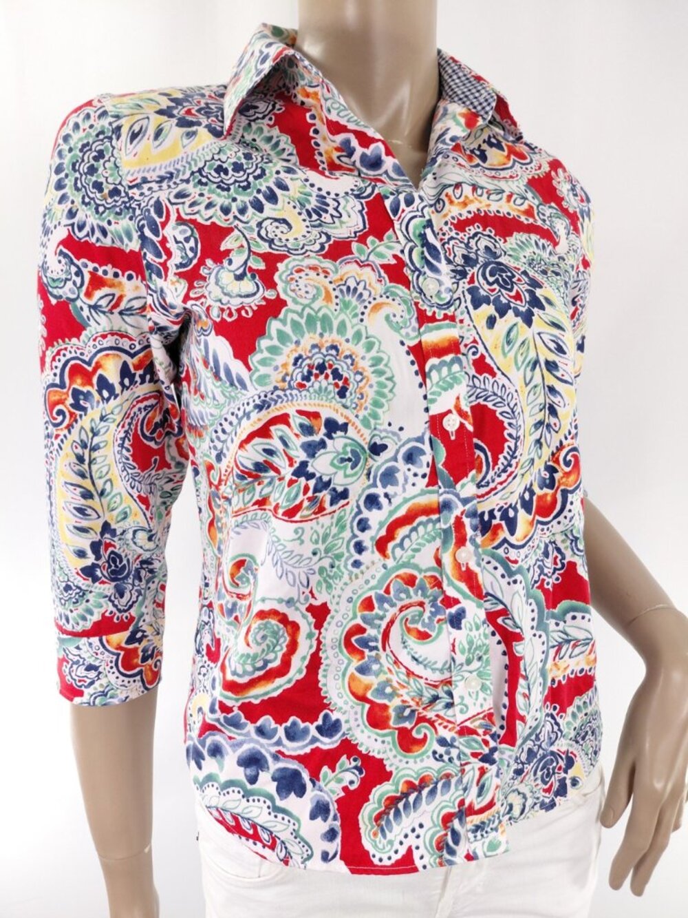 CHAPS Shirt Button Front 3/4 Sleeve Paisley & Gingham Cotton S Petite